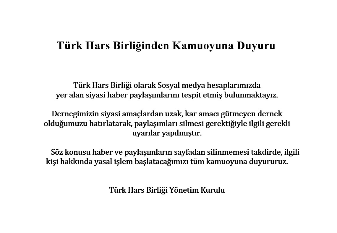 Türk Hars Birliğinden Kamuoyuna Duyuru